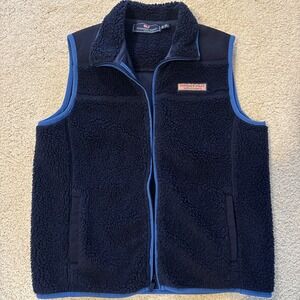 Vineyard Vines Faux Sherpa Sleeveless Vest‎ Youth M 12-14 Navy Blue Pocket
